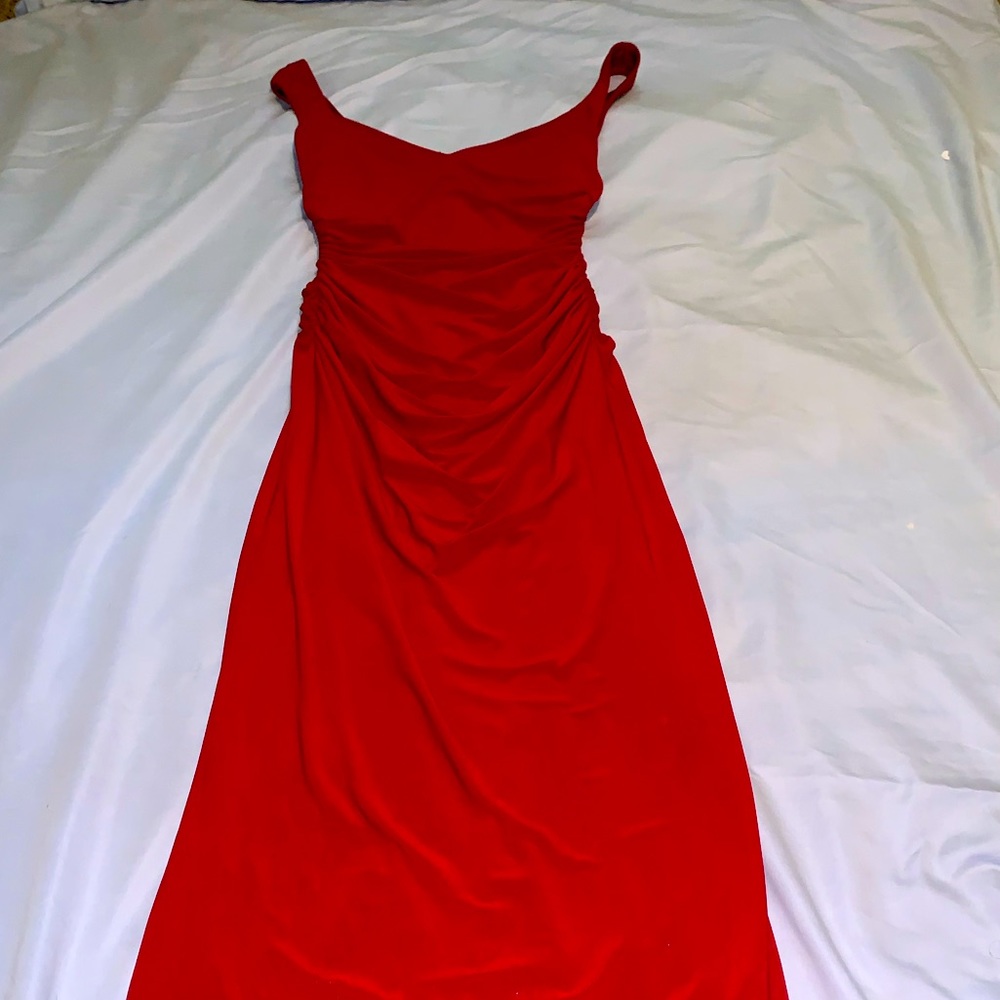 Dark red floor length prom dress